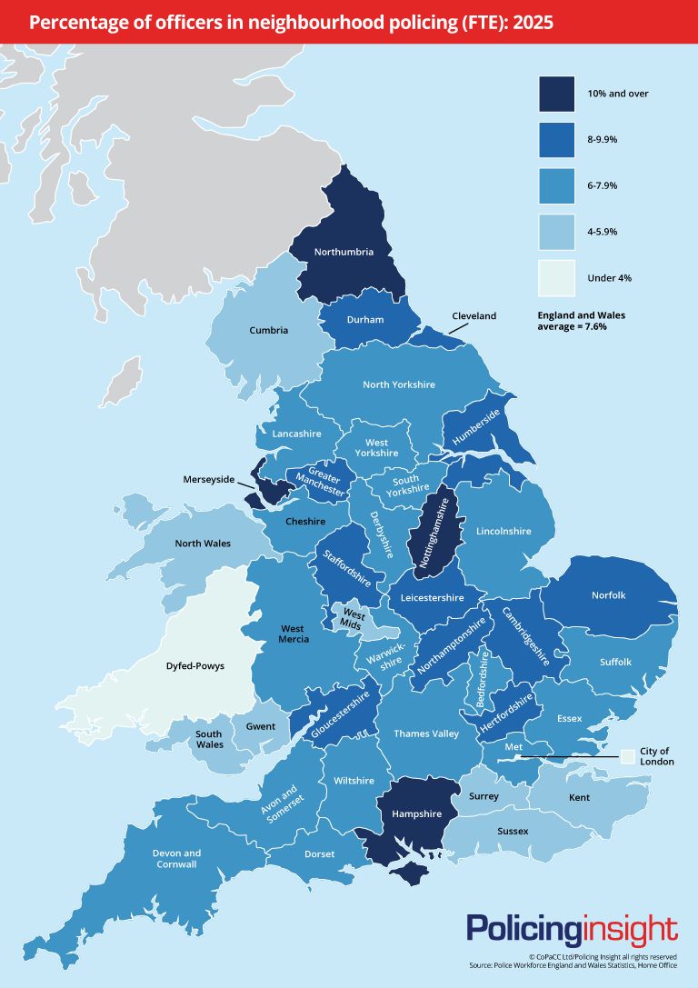 Heat map showing forces with highest proportion of neighbourhood policing. Heat map showing forces with highest proportion of neighbourhood policing.