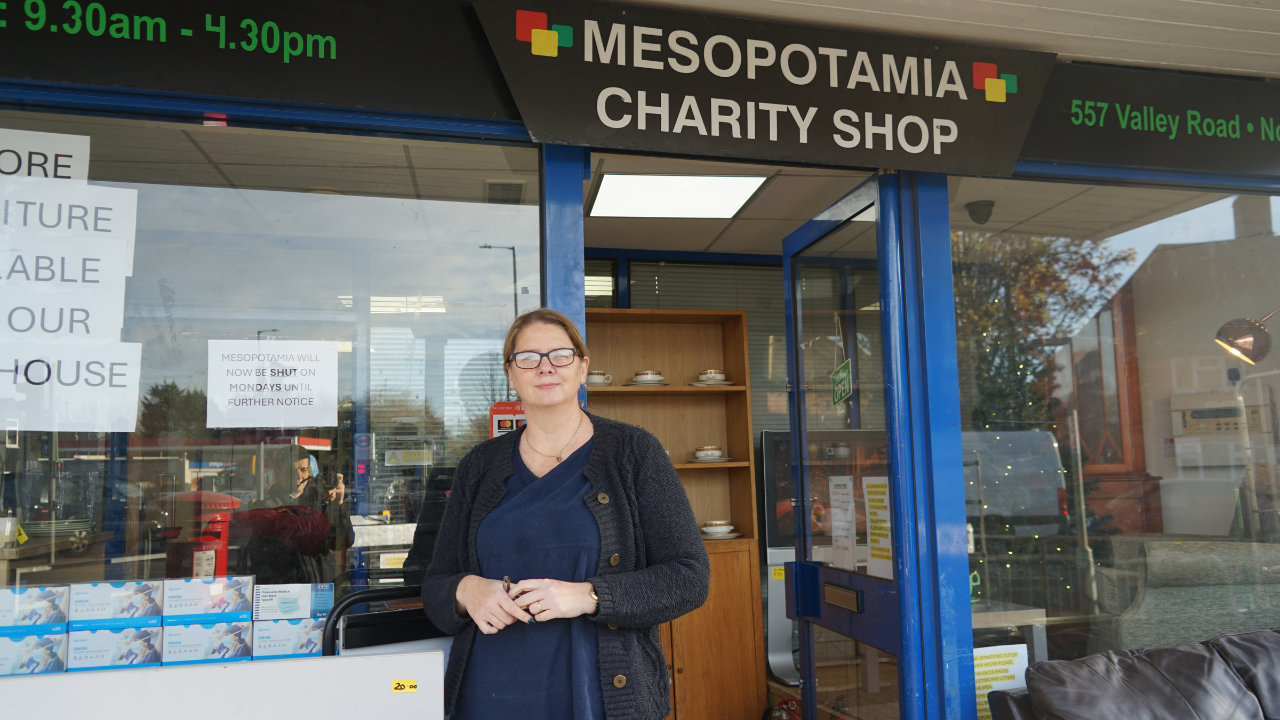 Rachel Miller outside the Mesopotamia charity shop