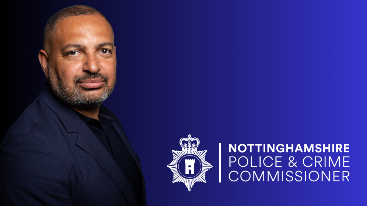 An Image of PCC Gary Godden on a blue background with a white Nottinghamshire Police and Crime Commissioner logo