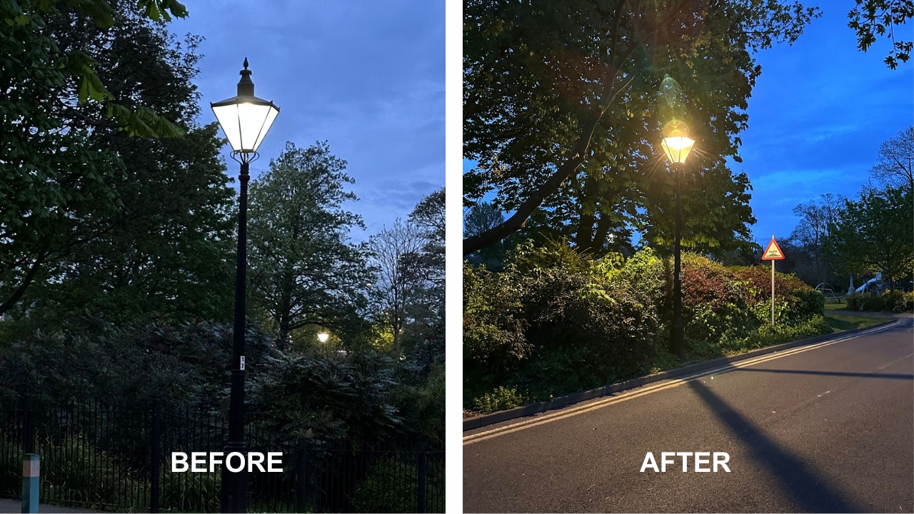 An image showing the before and after of the upgraded street lighting at Arnot Hill Park