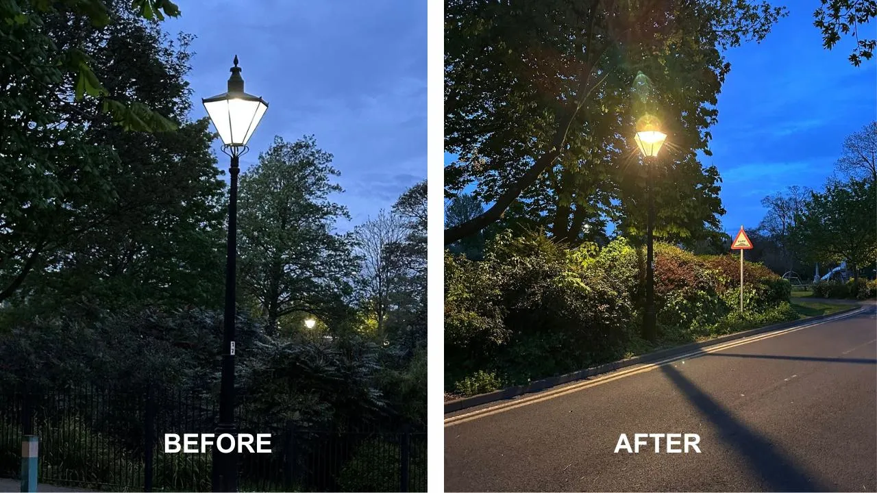 An image showing the before and after of the upgraded street lighting at Arnot Hill Park