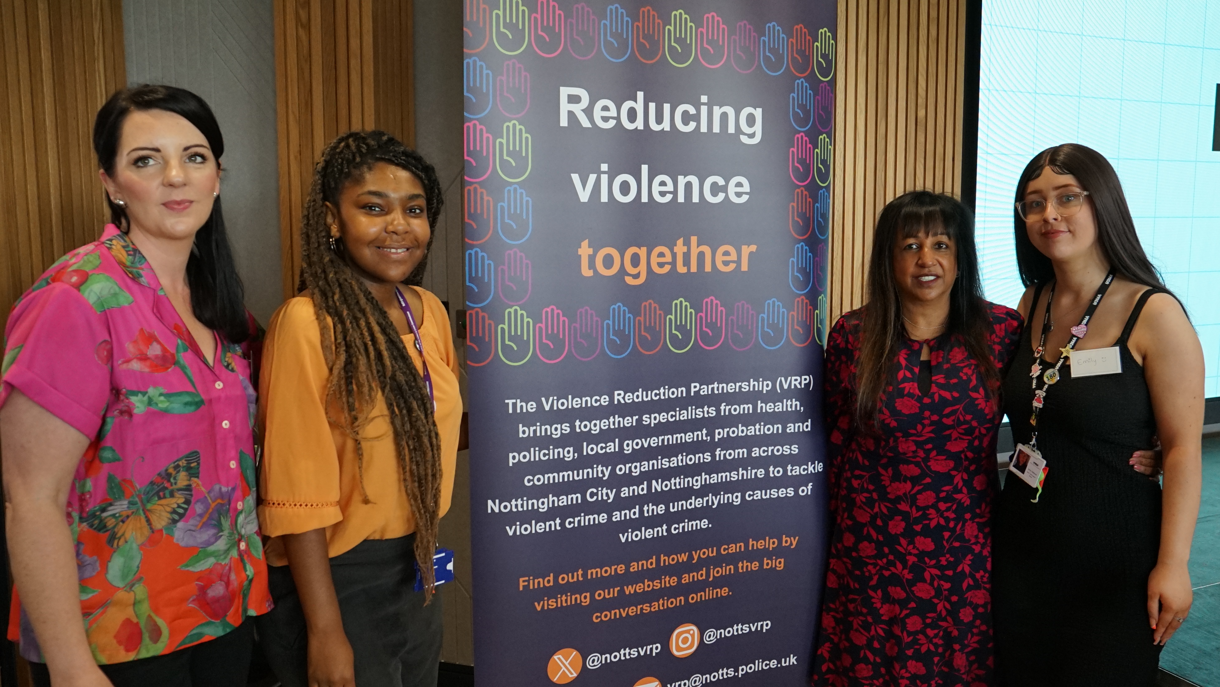 Natalie Baker-Napier and Sade Thomas from the VRP, Deputy PCC Angela Kandola, and youth worker Emily Patterson.