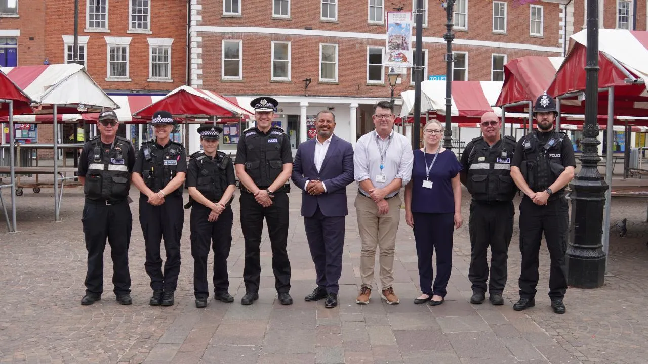 PCC Godden alongside Temporary Chief Constable Steve Cooper and NSDC Leader Paul Peacock in Newark Market