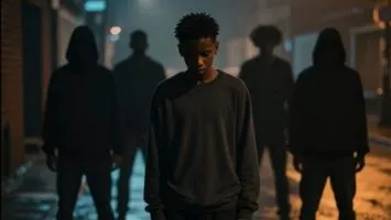 An image of a young man in an urban street setting feeling unsettled while being pressured by his peers.