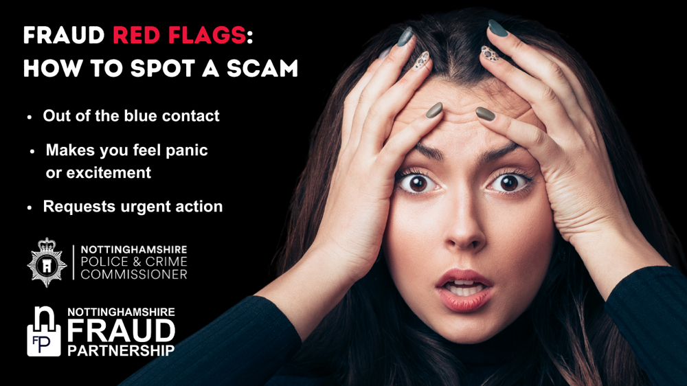 Campaign poster warning people to beware of the red flags of fraud.