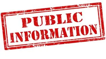 Red writing of the words public information on a white background