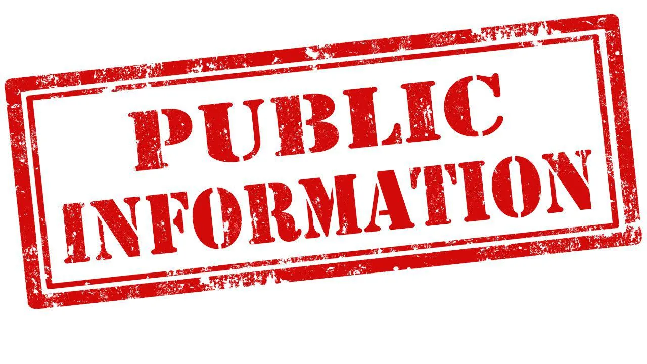 Red writing of the words public information on a white background
